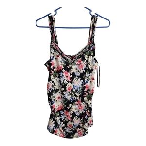 WHBM Floral V Neck Crochet Detail Ruched Sides Office Preppy Party Cami Tank L